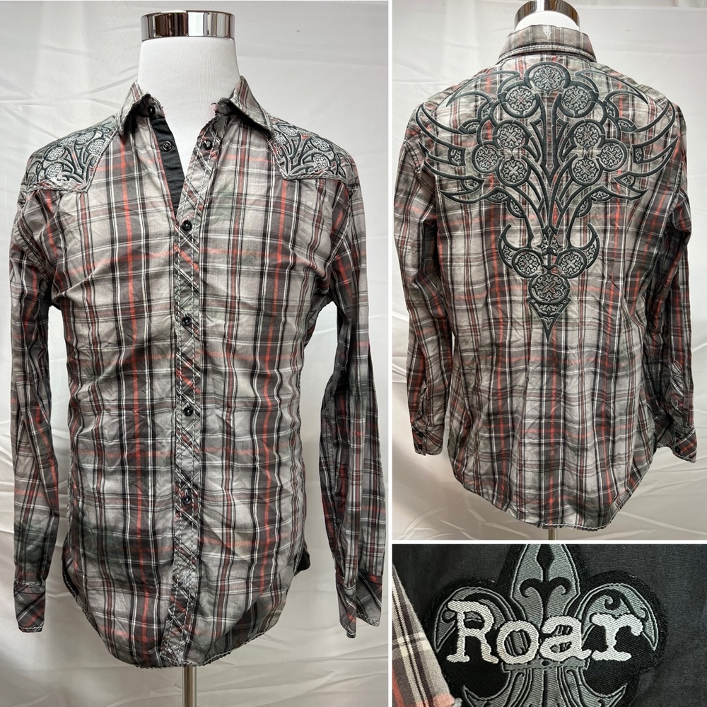 Men's ROAR Gray Salmon Plaid Embroidered Button Up 100% Cotton XL Shirt